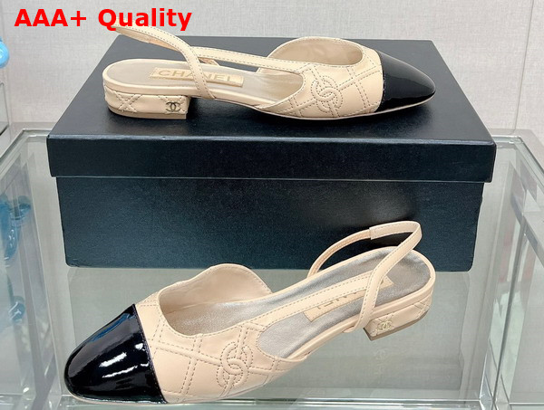 Chanel Flat Slingback Ballerina Shoes in Beige Embroidered Lambskin and Black Patent Calfskin Replica