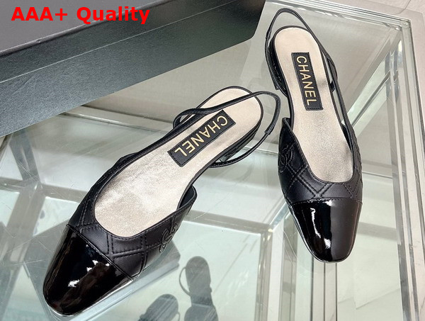 Chanel Flat Slingback Ballerina Shoes in Black Embroidered Lambskin and Patent Calfskin Replica