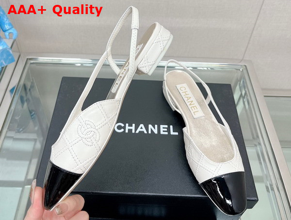 Chanel Flat Slingback Ballerina Shoes in Ivory Embroidered Lambskin and Black Patent Calfskin Replica