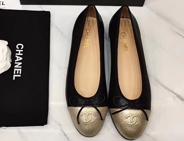 Chanel Flats Black Lambskin and Gold Suede Calfskin