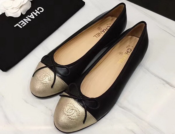 Chanel Flats Black Lambskin and Gold Suede Calfskin