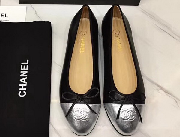 Chanel Flats Black Lambskin and Silver Calfskin