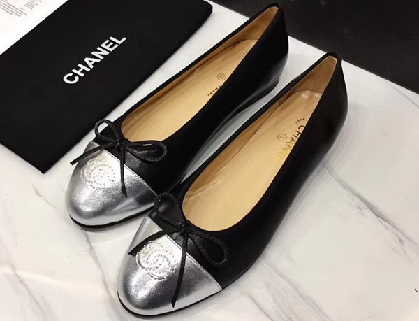 Chanel Flats Black Lambskin and Silver Calfskin