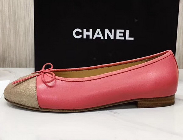 Chanel Flats Pink Lambskin and Gold Suede Calfskin