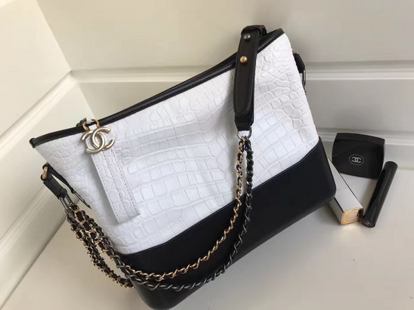 Chanel Gabrielle Hobo Bag in White Alligator and Black Lambskin Silver Tone and Gold Tone Metal For Sale