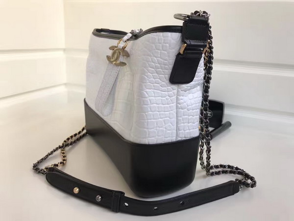 Chanel Gabrielle Hobo Bag in White Alligator and Black Lambskin Silver Tone and Gold Tone Metal For Sale