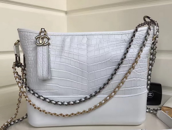 Chanel Gabrielle Hobo Bag in White Alligator and Lambskin Silver Tone and Gold Tone Metal For Sale