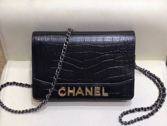 Chanel Gabrielle Wallet On Chain Black Crocodile Embossed Calfskin A84389