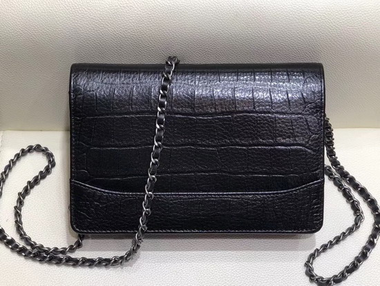 Chanel Gabrielle Wallet On Chain Black Crocodile Embossed Calfskin A84389