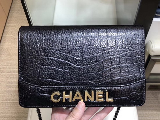 Chanel Gabrielle Wallet On Chain Black Crocodile Embossed Calfskin A84389