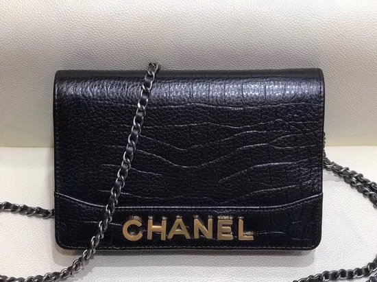 Chanel Gabrielle Wallet On Chain Black Crocodile Embossed Calfskin A84389