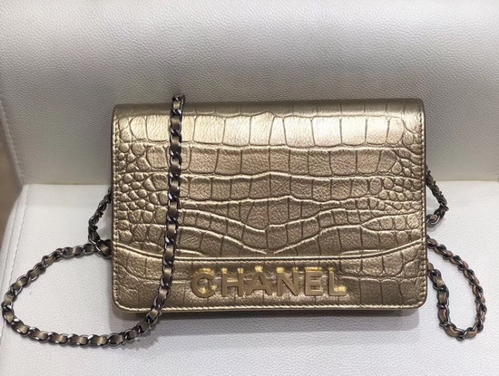 Chanel Gabrielle Wallet On Chain Gold Crocodile Embossed Calfskin A84389