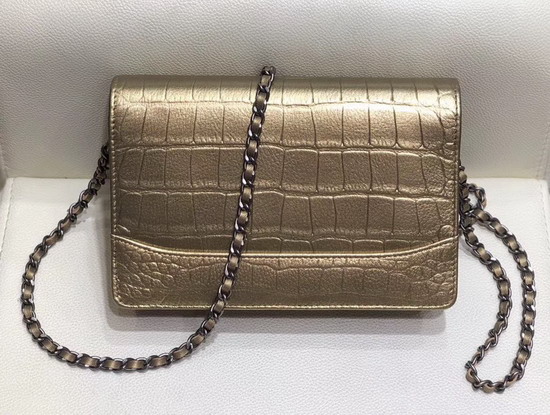 Chanel Gabrielle Wallet On Chain Gold Crocodile Embossed Calfskin A84389