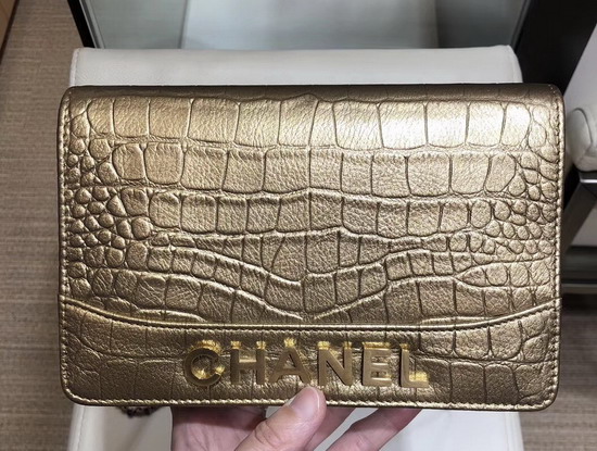 Chanel Gabrielle Wallet On Chain Gold Crocodile Embossed Calfskin A84389