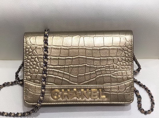 Chanel Gabrielle Wallet On Chain Gold Crocodile Embossed Calfskin A84389