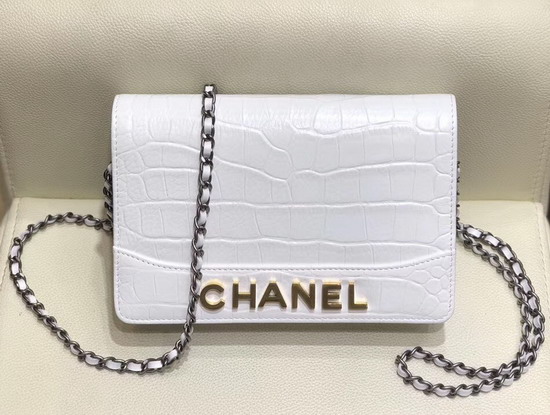 Chanel Gabrielle Wallet On Chain White Crocodile Embossed Calfskin A84389