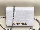 Chanel Gabrielle Wallet On Chain White Crocodile Embossed Calfskin A84389