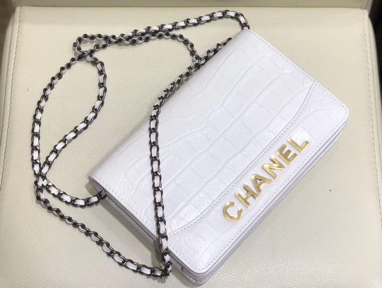 Chanel Gabrielle Wallet On Chain White Crocodile Embossed Calfskin A84389