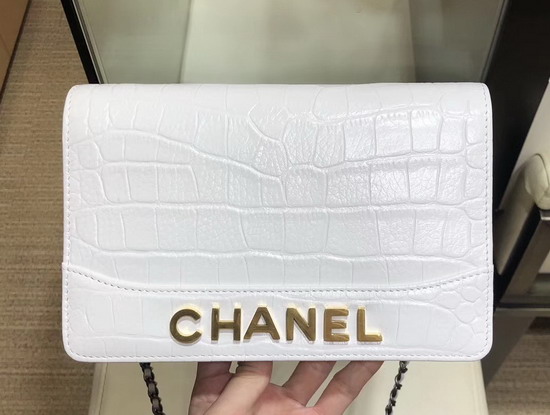 Chanel Gabrielle Wallet On Chain White Crocodile Embossed Calfskin A84389