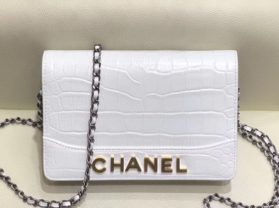 Chanel Gabrielle Wallet On Chain White Crocodile Embossed Calfskin A84389