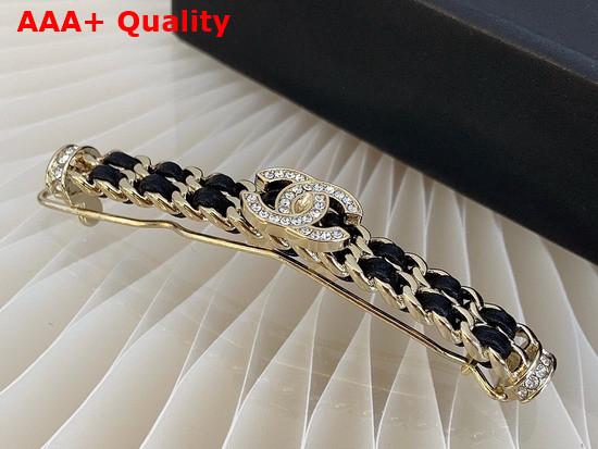 Chanel Hair Clip Gold Metal and Black Leather Replica