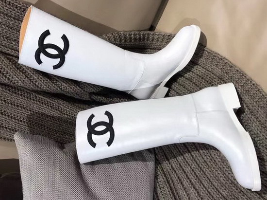 Chanel High Boot in White Calfskin with Black Leather CC Logo