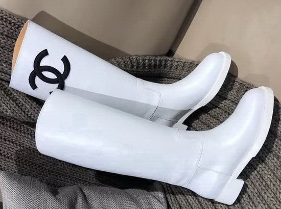 Chanel High Boot in White Calfskin with Black Leather CC Logo