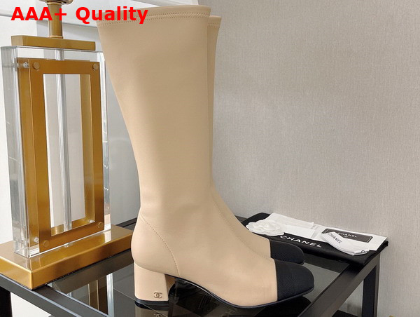 Chanel High Boot with Side Zip in Beige Lambskin and Black Grosgrain Replica