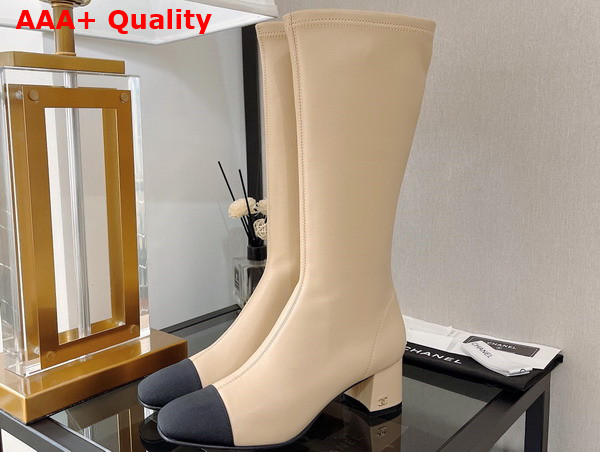 Chanel High Boot with Side Zip in Beige Lambskin and Black Grosgrain Replica