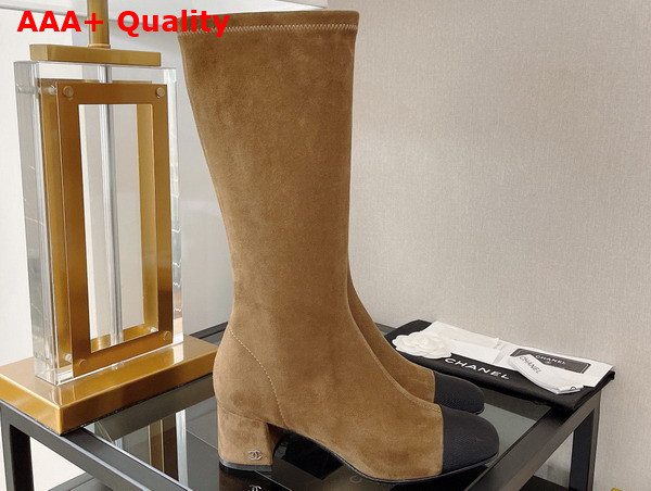 Chanel High Boot with Side Zip in Beige Suede and Black Graosgrain Replica