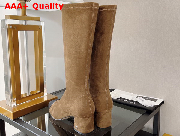 Chanel High Boot with Side Zip in Beige Suede and Black Graosgrain Replica