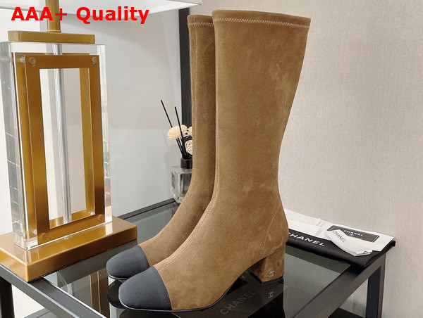 Chanel High Boot with Side Zip in Beige Suede and Black Graosgrain Replica