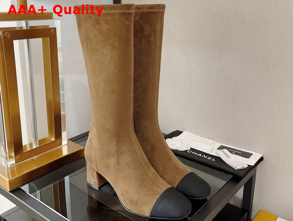 Chanel High Boot with Side Zip in Beige Suede and Black Graosgrain Replica