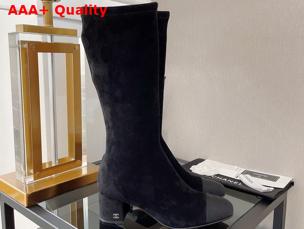 Chanel High Boot with Side Zip in Black Suede and Grosgrain Replica