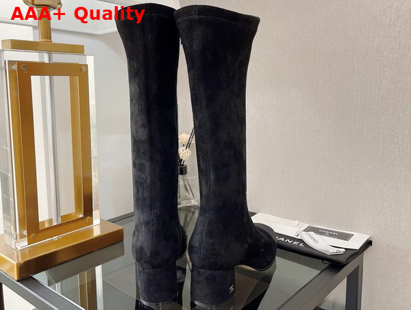 Chanel High Boot with Side Zip in Black Suede and Grosgrain Replica