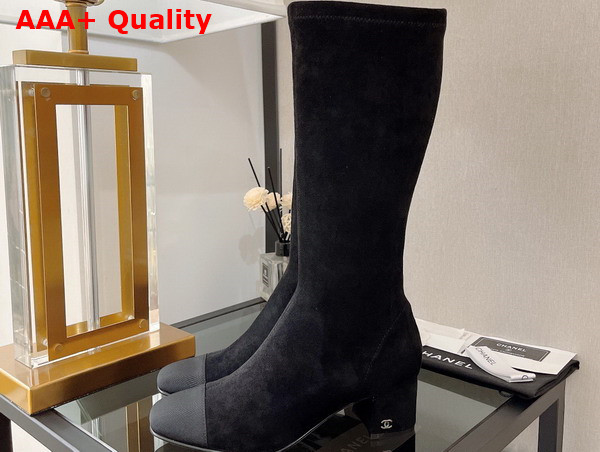 Chanel High Boot with Side Zip in Black Suede and Grosgrain Replica