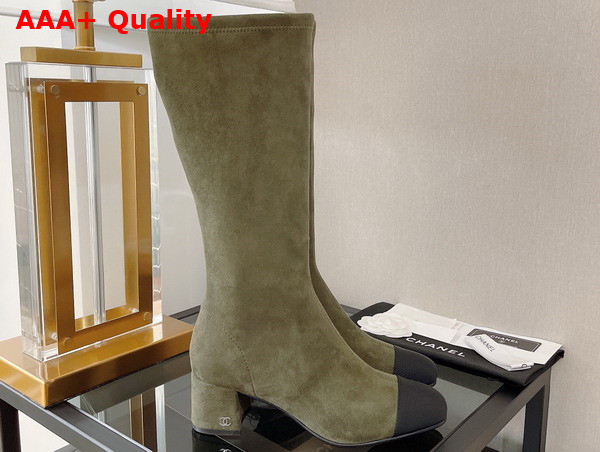 Chanel High Boot with Side Zip in Khaki Suede Replica