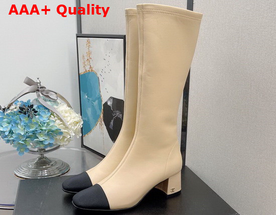 Chanel High Boots Beige Lambskin and Grosgrain Replica