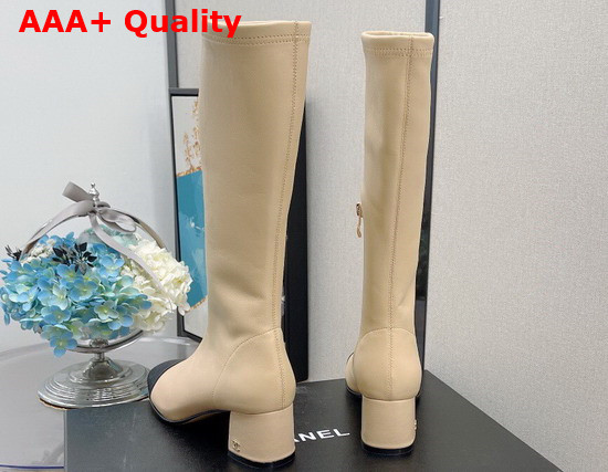 Chanel High Boots Beige Lambskin and Grosgrain Replica