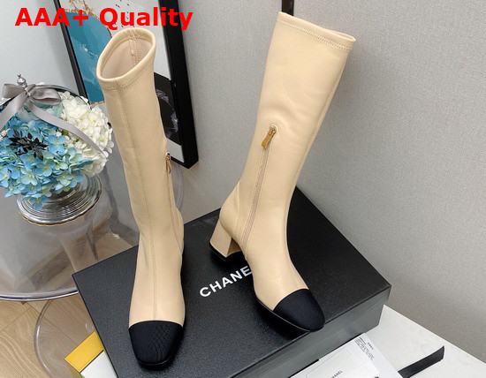 Chanel High Boots Beige Lambskin and Grosgrain Replica