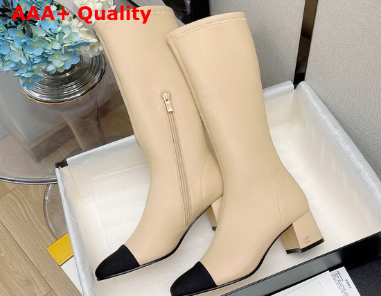 Chanel High Boots Beige Lambskin and Grosgrain Replica