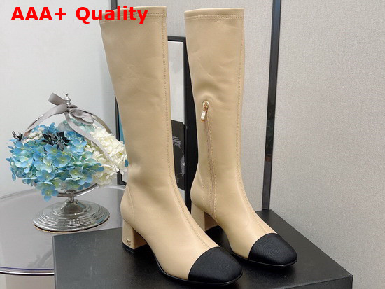 Chanel High Boots Beige Lambskin and Grosgrain Replica