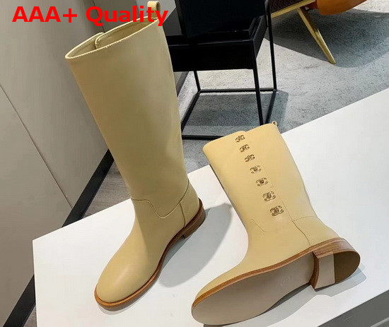 Chanel High Boots in Beige Calfskin with CC Buckle on the Side Replica