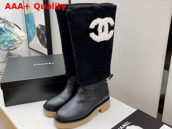 Chanel High Boots in Black Calfskin and Shearling Replica