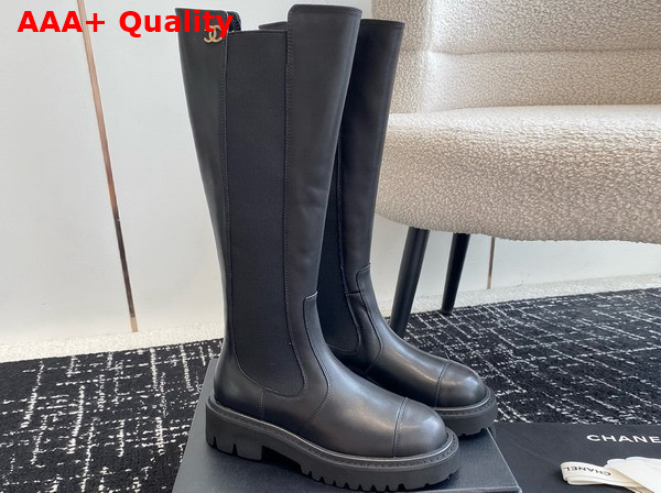 Chanel High Boots in Black Calfskin and Stretch Fabric Replica