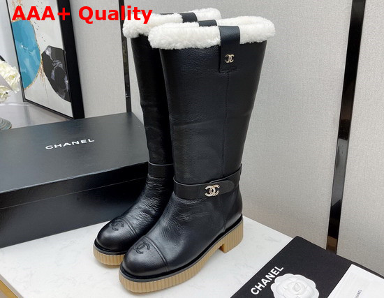 Chanel High Boots in Black Calfskin with Shearling Lining Replica