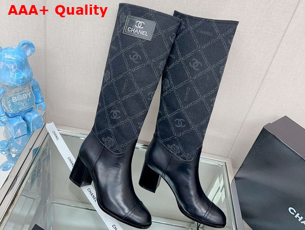 Chanel High Boots in Black Denim and Calfskin Replica