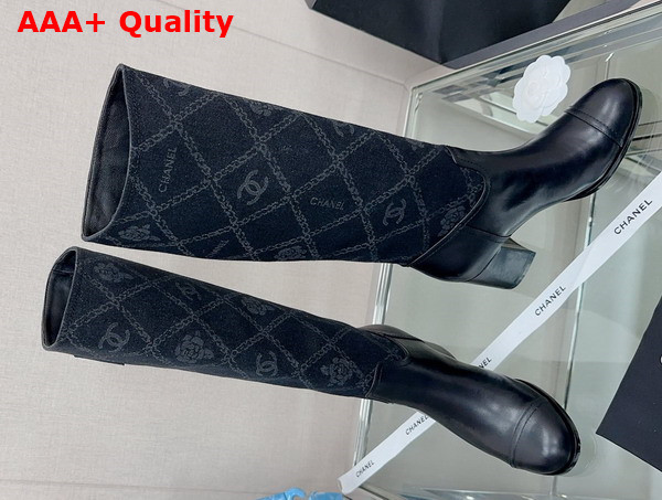 Chanel High Boots in Black Denim and Calfskin Replica