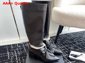 Chanel High Boots in Black Lambskin with Imitation Pearls and Leather Bow On The Front Replica