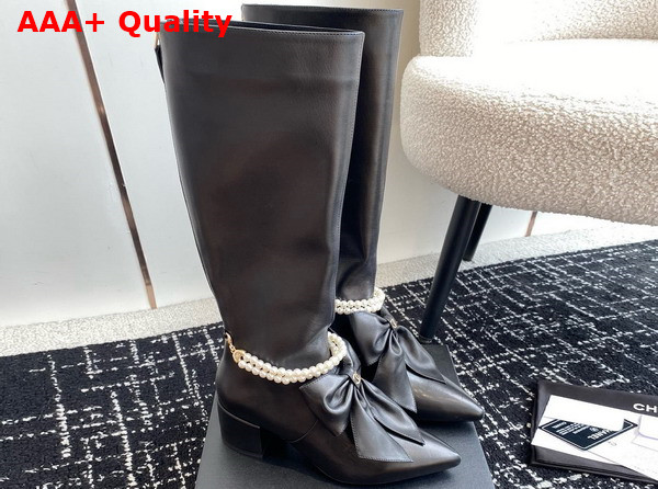 Chanel High Boots in Black Lambskin with Imitation Pearls and Leather Bow On The Front Replica